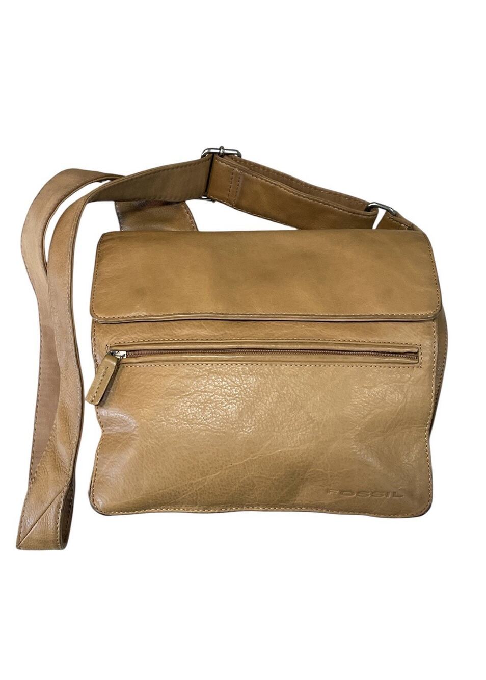 Fossil Women's Tan Leather Adjustable Crossbody Bag Magnetic Close Zipper Pocket